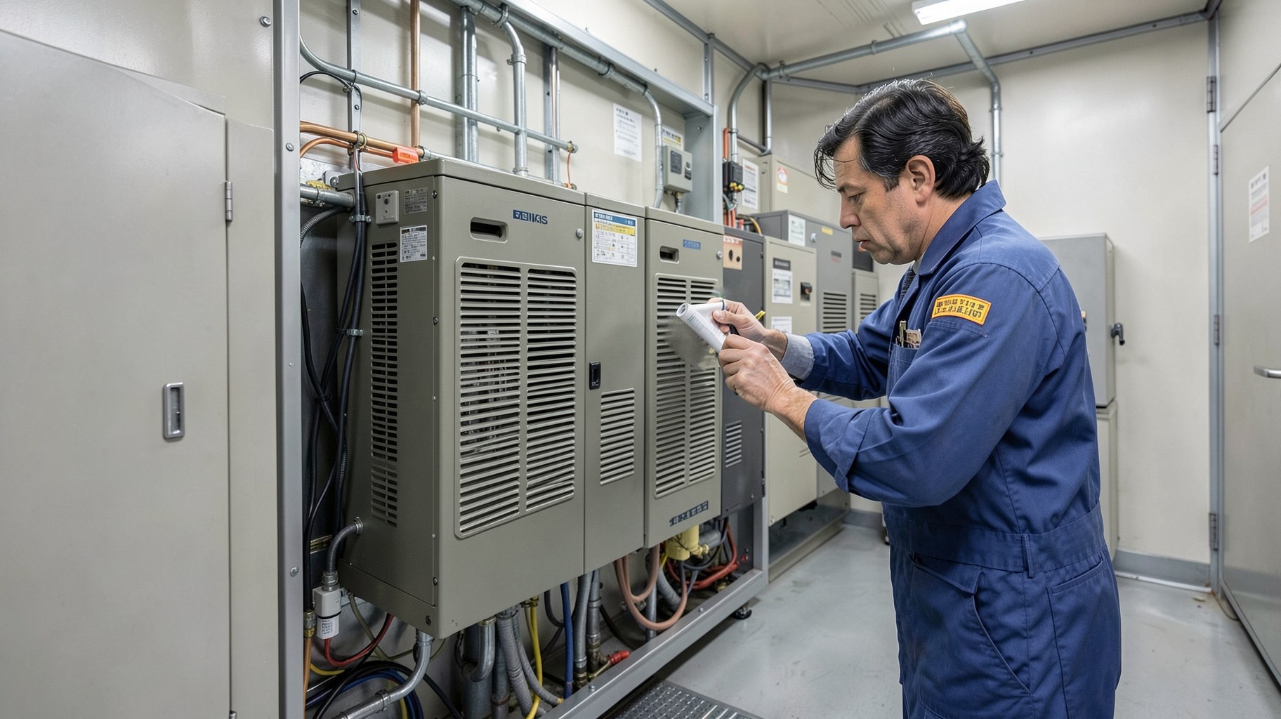 非常用発電設備と蓄電池を設備担当者が確認するイメージ