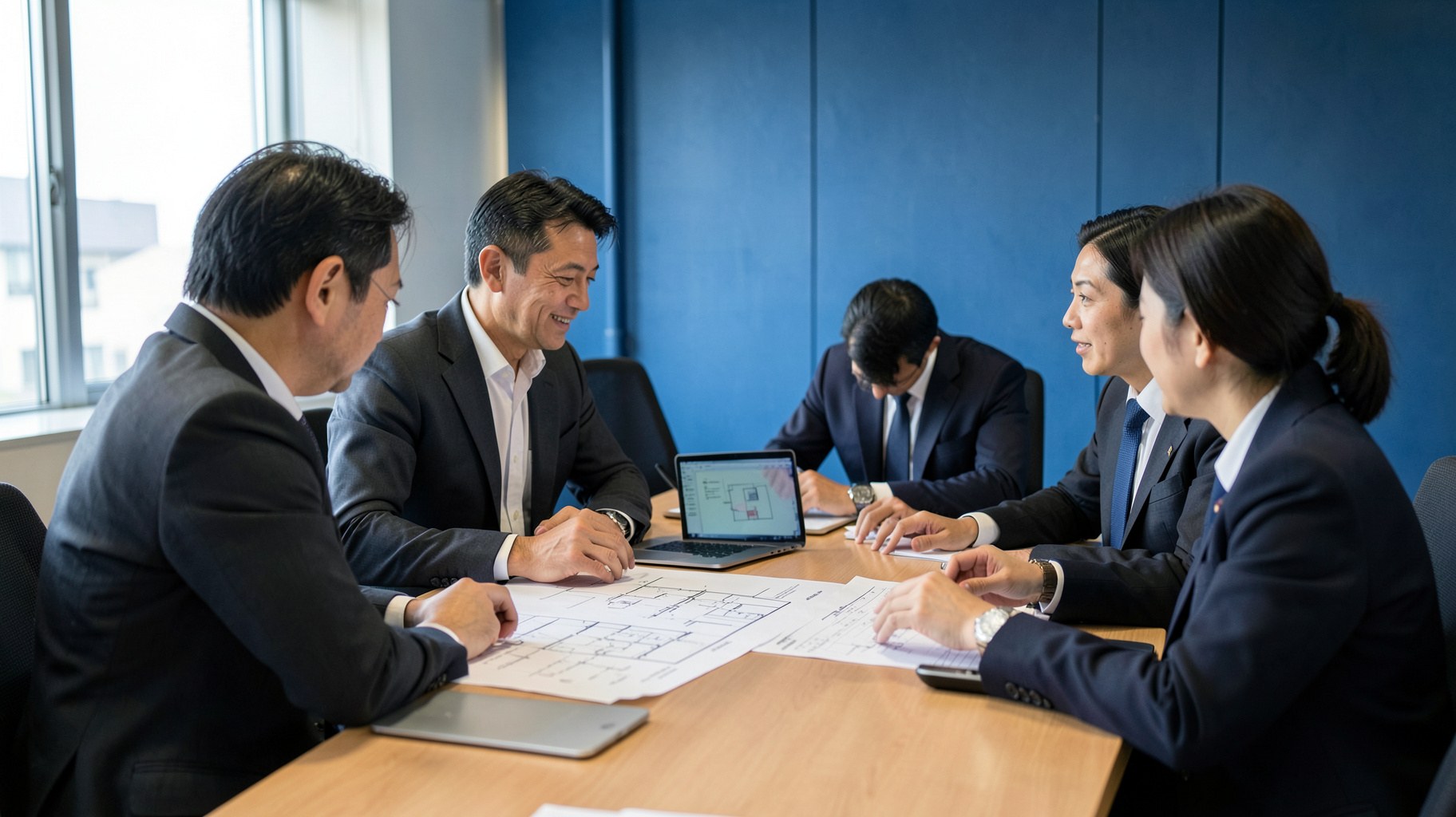 会議室で拠点図面を見ながら事業継続計画を検討するチームのイメージ