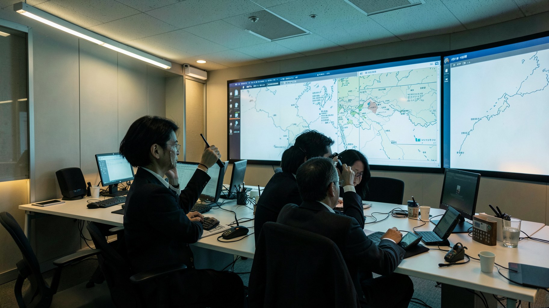 地図表示と無線機を備えた災害対応室で情報を確認するイメージ