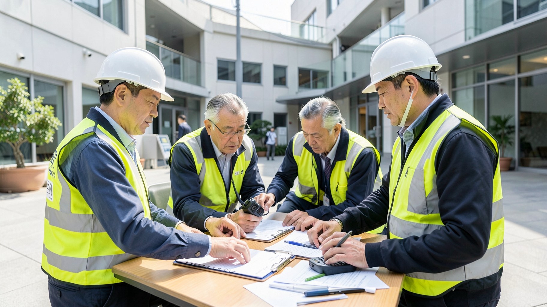企業の中庭で無線機と記録票を使って訓練する担当者のイメージ