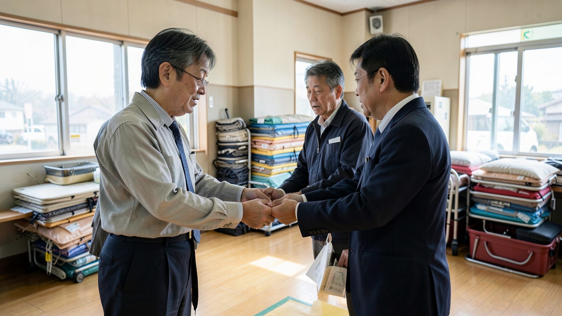 地域施設で行政と企業の担当者が物資受渡しを打ち合わせるイメージ